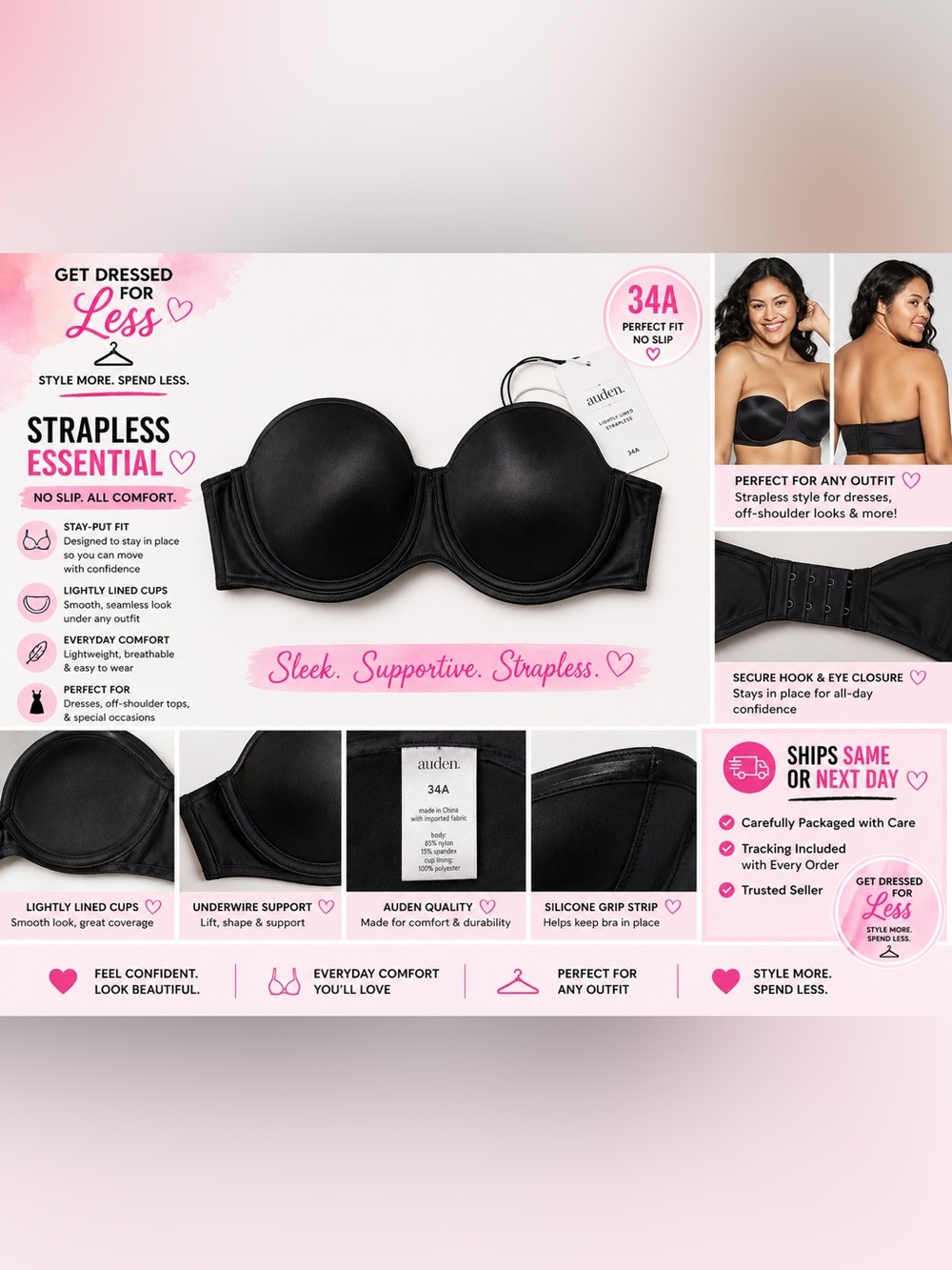 Auden Womens Strapless Bra 34A Black Lightly Lined No Slip NWT
